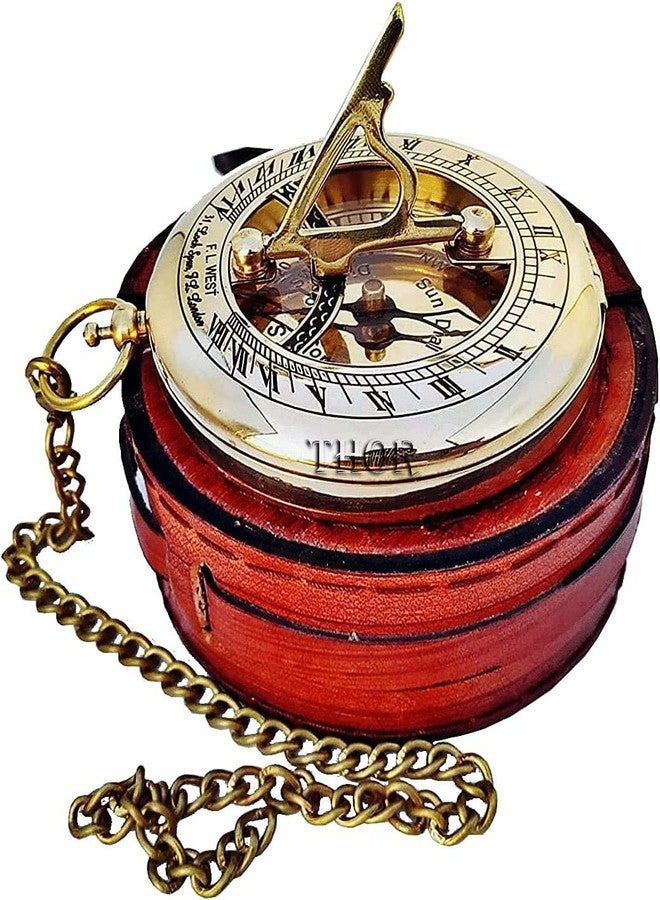 THOR INSTRUMENTS Beautiful Brass Sundial Compass with Brown Leather Case & Chain | Push Open Compass | Camping | Hiking Steampunk | Accessory Brass Finish | Sundial Clock Anniversary | Valentine’s Handmade Gift - Image 5